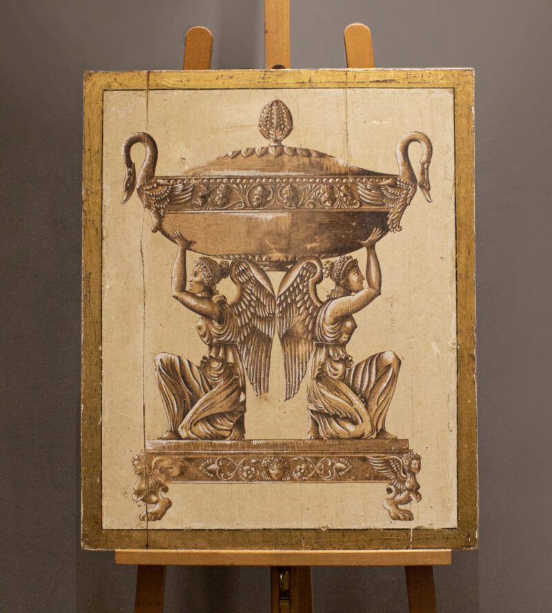 French bronze tureen painting on antique wood. Technique: tempera with natural pigments, rabbit glue and gold leaf. Antique patina.