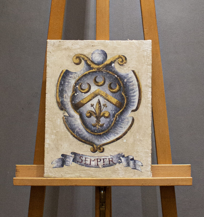 Crest "Semper" painting on canvas. Technique: tempera with natural pigments, rabbit glue and gold leaf. Antique patina and craquelure.