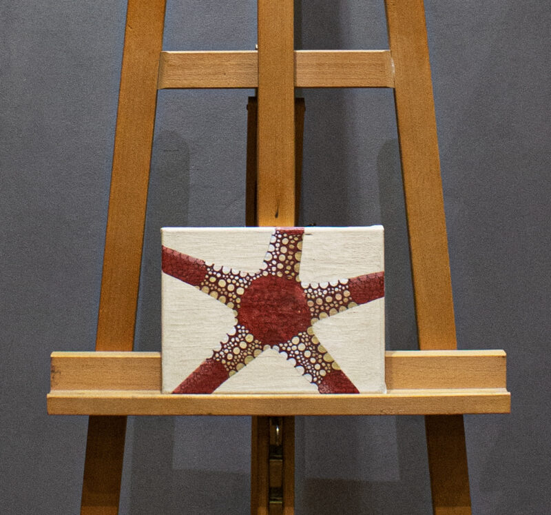 Red starfish painting on canvas. Technique: tempera with natural pigments and rabbit glue. With antique patina for vintage atmosphere.