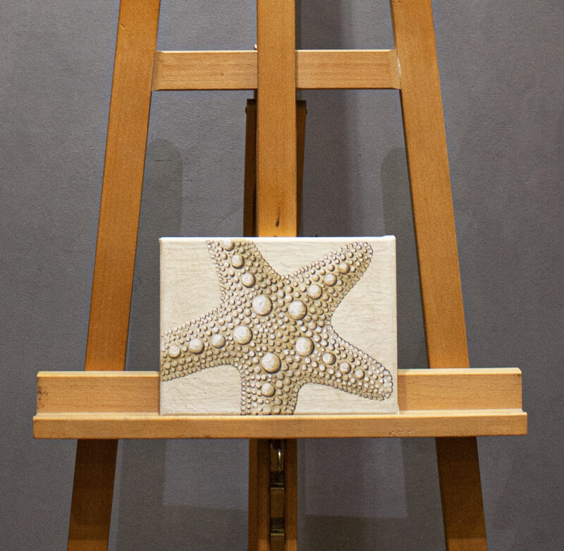 White starfish painting on canvas. Technique: tempera with natural pigments and rabbit glue. With antique patina for vintage atmosphere.