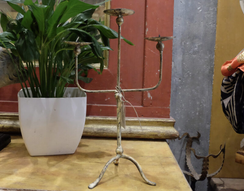 Three arms candle holder in wrought iron. White patina. Handmade. Vintage. Height: cm 40 circa. More pics and details on request.