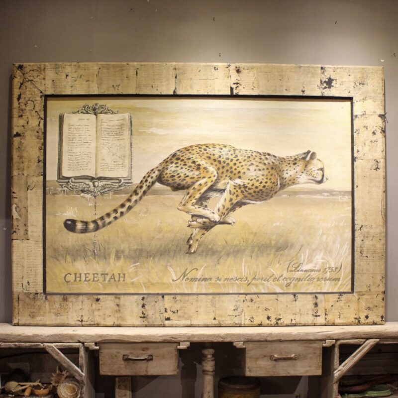 Cheetah painting on canvas. Antique wooden frame with antique authentic manuscripts applied. Tempera with natural pigments and rabbit glue.