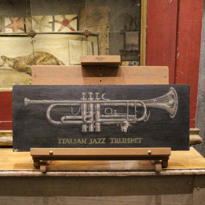 Trumpet painting on antique wood panel. Tempera with natural pigments and rabbit glue. Patina and craquelure lend a vintage taste to the painting.